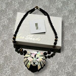 Lee Sands Lion Head Statement Necklace MOP Inlay Onyx Tigers Eye Vintage 80s